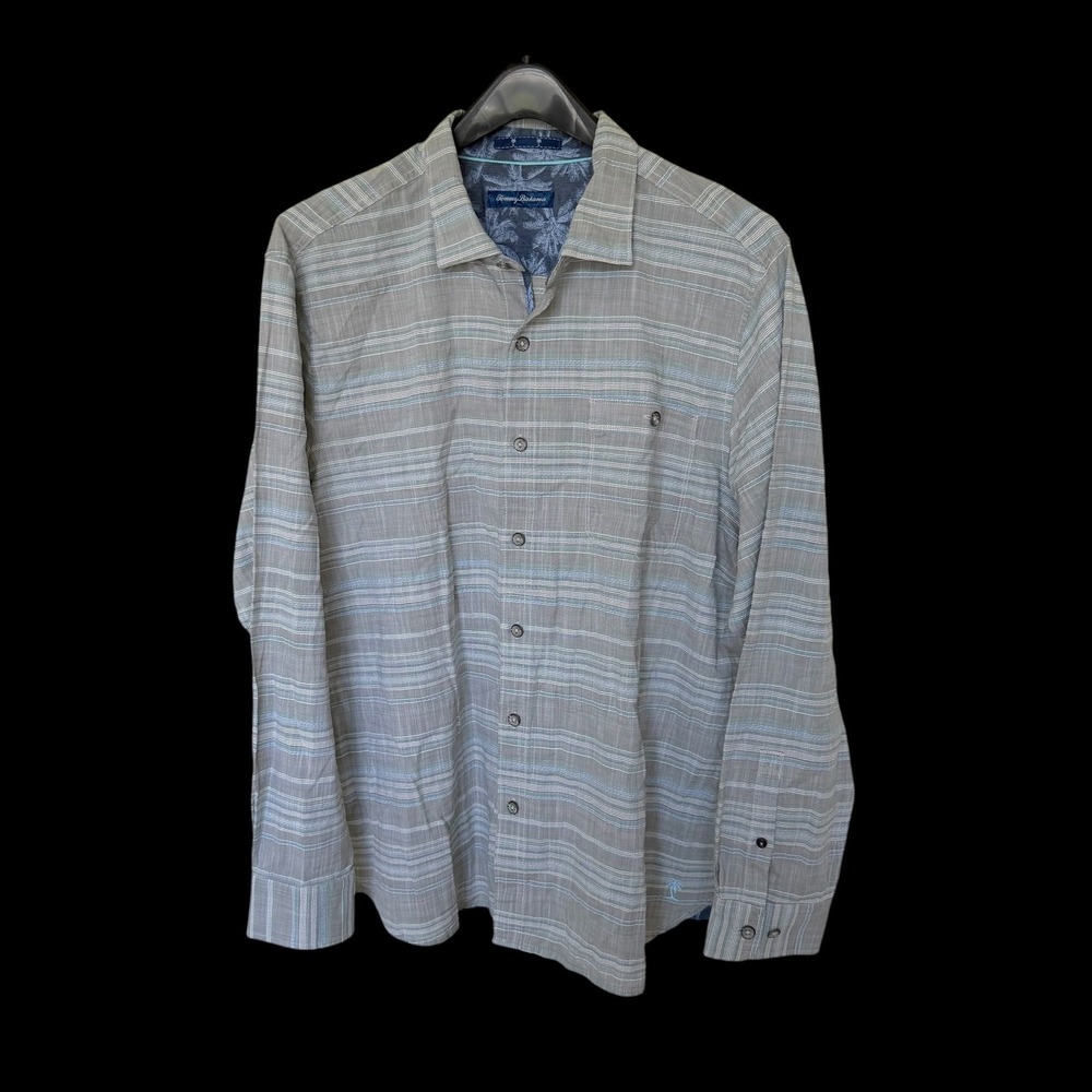 Tommy‎ Bahama XL Grey Blue Striped Cotton Long Sleeve Button Down Shirt
